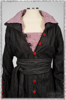 Pierrepont Duster Coat in Beacon Black and Red Pin Tuck Twill; Viv Frock in Red Sky at Night Stripe. Ivey Abitz bespoke clothing.