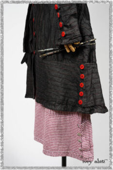 Pierrepont Duster Coat in Beacon Black and Red Pin Tuck Twill; Viv Frock in Red Sky at Night Stripe. Ivey Abitz bespoke clothing.