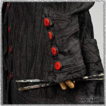 Pierrepont Duster Coat in Beacon Black and Red Pin Tuck Twill; Viv Frock in Red Sky at Night Stripe. Ivey Abitz bespoke clothing.