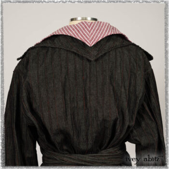 Pierrepont Duster Coat in Beacon Black and Red Pin Tuck Twill; Viv Frock in Red Sky at Night Stripe. Ivey Abitz bespoke clothing.