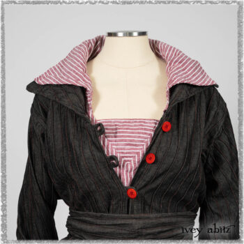 Pierrepont Duster Coat in Beacon Black and Red Pin Tuck Twill; Viv Frock in Red Sky at Night Stripe. Ivey Abitz bespoke clothing.