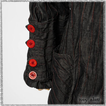 Pierrepont Duster Coat in Beacon Black and Red Pin Tuck Twill; Viv Frock in Red Sky at Night Stripe. Ivey Abitz bespoke clothing.