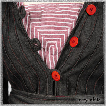 Pierrepont Duster Coat in Beacon Black and Red Pin Tuck Twill; Viv Frock in Red Sky at Night Stripe. Ivey Abitz bespoke clothing.
