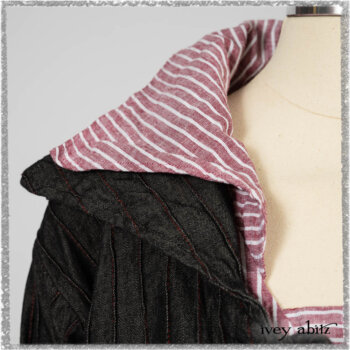 Pierrepont Duster Coat in Beacon Black and Red Pin Tuck Twill; Viv Frock in Red Sky at Night Stripe. Ivey Abitz bespoke clothing.