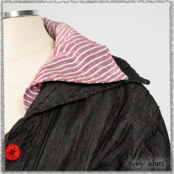 Pierrepont Duster Coat in Beacon Black and Red Pin Tuck Twill; Viv Frock in Red Sky at Night Stripe. Ivey Abitz bespoke clothing.
