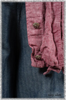 Pierrepont Shirt in Red Sky at Night Yarn Dyed Weave; Clotaire Sash in Red Sky at Night Stripe; Viv Trousers in Estuary Herringbone Twill. Ivey Abitz bespoke clothing.