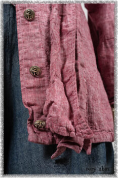 Pierrepont Shirt in Red Sky at Night Yarn Dyed Weave; Clotaire Sash in Red Sky at Night Stripe; Viv Trousers in Estuary Herringbone Twill. Ivey Abitz bespoke clothing.