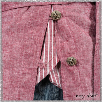 Pierrepont Shirt in Red Sky at Night Yarn Dyed Weave; Clotaire Sash in Red Sky at Night Stripe; Viv Trousers in Estuary Herringbone Twill. Ivey Abitz bespoke clothing.