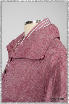 Pierrepont Shirt in Red Sky at Night Yarn Dyed Weave; Clotaire Sash in Red Sky at Night Stripe; Viv Trousers in Estuary Herringbone Twill. Ivey Abitz bespoke clothing.