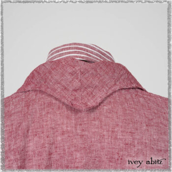 Pierrepont Shirt in Red Sky at Night Yarn Dyed Weave; Clotaire Sash in Red Sky at Night Stripe; Viv Trousers in Estuary Herringbone Twill. Ivey Abitz bespoke clothing.