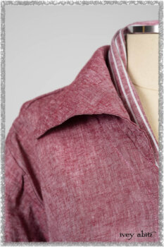 Pierrepont Shirt in Red Sky at Night Yarn Dyed Weave; Clotaire Sash in Red Sky at Night Stripe; Viv Trousers in Estuary Herringbone Twill. Ivey Abitz bespoke clothing.