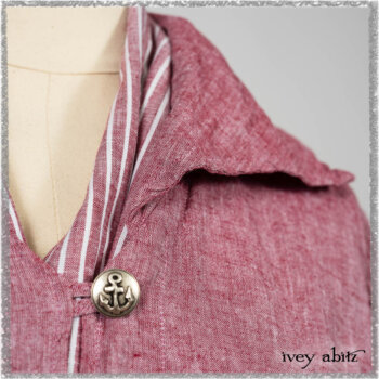 Pierrepont Shirt in Red Sky at Night Yarn Dyed Weave; Clotaire Sash in Red Sky at Night Stripe; Viv Trousers in Estuary Herringbone Twill. Ivey Abitz bespoke clothing.