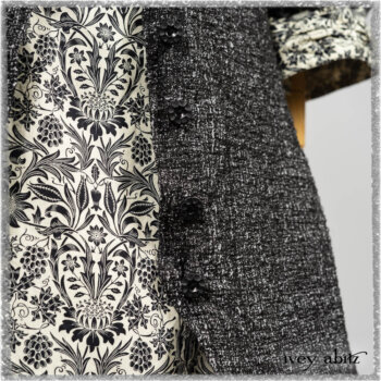 Bartholomew Duster Coat in Black White Painted Puckery Weave; Clotaire Sash in Ethereal Cream and Black Fleur Stretch Cotton; Tollie Dress in Ethereal Cream and Black Fleur Stretch Cotton; Mewland Skirt in Black Washed Crinkled Linen. Ivey Abitz bespoke clothing.