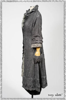 Bartholomew Duster Coat in Black White Painted Puckery Weave; Clotaire Sash in Ethereal Cream and Black Fleur Stretch Cotton; Tollie Dress in Ethereal Cream and Black Fleur Stretch Cotton; Mewland Skirt in Black Washed Crinkled Linen. Ivey Abitz bespoke clothing.