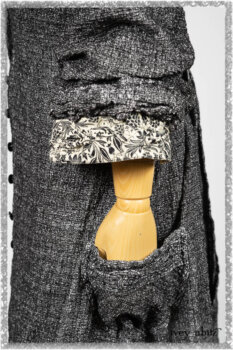Bartholomew Duster Coat in Black White Painted Puckery Weave; Clotaire Sash in Ethereal Cream and Black Fleur Stretch Cotton; Tollie Dress in Ethereal Cream and Black Fleur Stretch Cotton; Mewland Skirt in Black Washed Crinkled Linen. Ivey Abitz bespoke clothing.