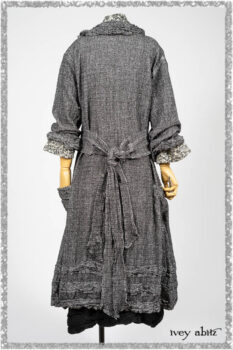 Bartholomew Duster Coat in Black White Painted Puckery Weave; Clotaire Sash in Ethereal Cream and Black Fleur Stretch Cotton; Tollie Dress in Ethereal Cream and Black Fleur Stretch Cotton; Mewland Skirt in Black Washed Crinkled Linen. Ivey Abitz bespoke clothing.