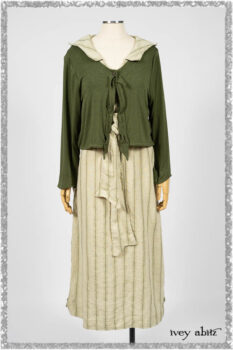 Vanetten Frock in Seagrass Washed Stripe Linen; Chevallier Cardigan in Seagrass Melange Knit; Blanchefleur Sash in Pointillism Silk Chiffon. Ivey Abitz bespoke clothing.