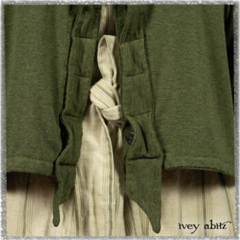 Vanetten Frock in Seagrass Washed Stripe Linen; Chevallier Cardigan in Seagrass Melange Knit; Blanchefleur Sash in Pointillism Silk Chiffon. Ivey Abitz bespoke clothing.