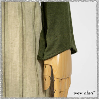Vanetten Frock in Seagrass Washed Stripe Linen; Chevallier Cardigan in Seagrass Melange Knit; Blanchefleur Sash in Pointillism Silk Chiffon. Ivey Abitz bespoke clothing.