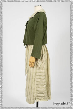 Vanetten Frock in Seagrass Washed Stripe Linen; Chevallier Cardigan in Seagrass Melange Knit; Blanchefleur Sash in Pointillism Silk Chiffon. Ivey Abitz bespoke clothing.