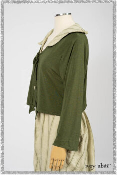 Vanetten Frock in Seagrass Washed Stripe Linen; Chevallier Cardigan in Seagrass Melange Knit; Blanchefleur Sash in Pointillism Silk Chiffon. Ivey Abitz bespoke clothing.