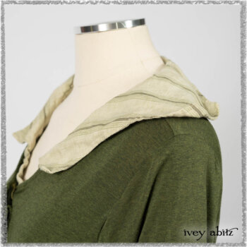 Vanetten Frock in Seagrass Washed Stripe Linen; Chevallier Cardigan in Seagrass Melange Knit; Blanchefleur Sash in Pointillism Silk Chiffon. Ivey Abitz bespoke clothing.