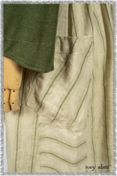 Vanetten Frock in Seagrass Washed Stripe Linen; Chevallier Cardigan in Seagrass Melange Knit; Blanchefleur Sash in Pointillism Silk Chiffon. Ivey Abitz bespoke clothing.
