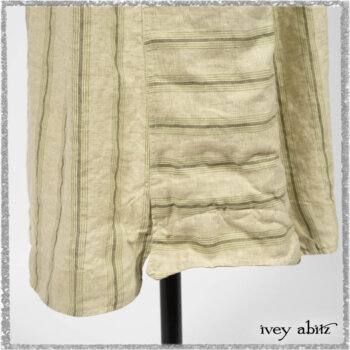 Vanetten Frock in Seagrass Washed Stripe Linen; Chevallier Cardigan in Seagrass Melange Knit; Blanchefleur Sash in Pointillism Silk Chiffon. Ivey Abitz bespoke clothing.