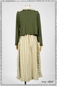 Vanetten Frock in Seagrass Washed Stripe Linen; Chevallier Cardigan in Seagrass Melange Knit; Blanchefleur Sash in Pointillism Silk Chiffon. Ivey Abitz bespoke clothing.