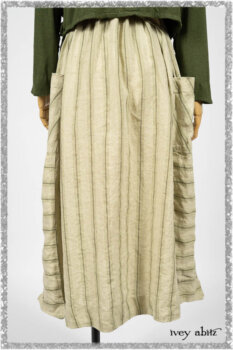 Vanetten Frock in Seagrass Washed Stripe Linen; Chevallier Cardigan in Seagrass Melange Knit; Blanchefleur Sash in Pointillism Silk Chiffon. Ivey Abitz bespoke clothing.