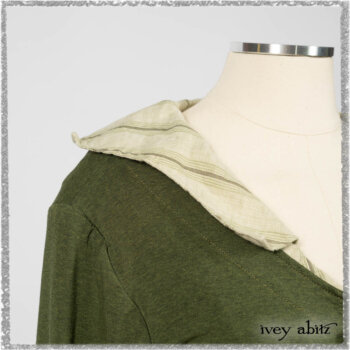 Vanetten Frock in Seagrass Washed Stripe Linen; Chevallier Cardigan in Seagrass Melange Knit; Blanchefleur Sash in Pointillism Silk Chiffon. Ivey Abitz bespoke clothing.
