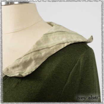Vanetten Frock in Seagrass Washed Stripe Linen; Chevallier Cardigan in Seagrass Melange Knit; Blanchefleur Sash in Pointillism Silk Chiffon. Ivey Abitz bespoke clothing.