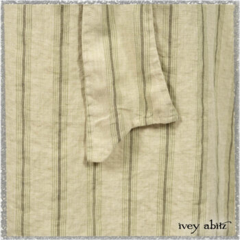 Vanetten Frock in Seagrass Washed Stripe Linen; Chevallier Cardigan in Seagrass Melange Knit; Blanchefleur Sash in Pointillism Silk Chiffon. Ivey Abitz bespoke clothing.