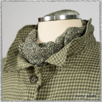 Chevallier Shirt in Seagrass Petite Check Linen; Chevallier Trousers in Seagrass Herringbone Twill with contrasting lacing to match shirt. Ivey Abitz bespoke clothing.