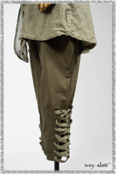 Chevallier Shirt in Seagrass Petite Check Linen; Chevallier Trousers in Seagrass Herringbone Twill with contrasting lacing to match shirt. Ivey Abitz bespoke clothing.