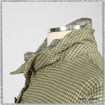 Chevallier Shirt in Seagrass Petite Check Linen; Chevallier Trousers in Seagrass Herringbone Twill with contrasting lacing to match shirt. Ivey Abitz bespoke clothing.