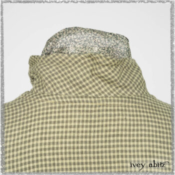 Chevallier Shirt in Seagrass Petite Check Linen; Chevallier Trousers in Seagrass Herringbone Twill with contrasting lacing to match shirt. Ivey Abitz bespoke clothing.