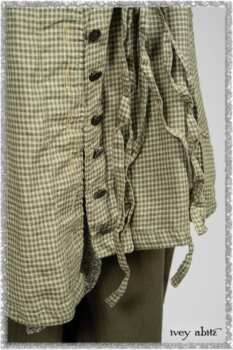 Chevallier Shirt in Seagrass Petite Check Linen; Chevallier Trousers in Seagrass Herringbone Twill with contrasting lacing to match shirt. Ivey Abitz bespoke clothing.