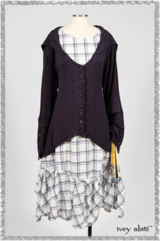 Henrietta Duster Coat in Plum Tree Softest Ribbed Knit; Fairholme Frock in Plum Tree Wispy Plaid Cotton. Ivey Abitz bespoke clothing.