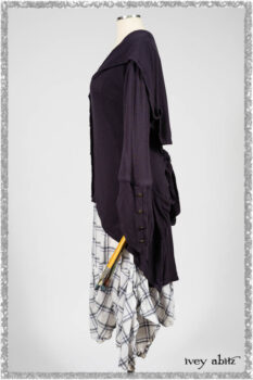 Henrietta Duster Coat in Plum Tree Softest Ribbed Knit; Fairholme Frock in Plum Tree Wispy Plaid Cotton. Ivey Abitz bespoke clothing.