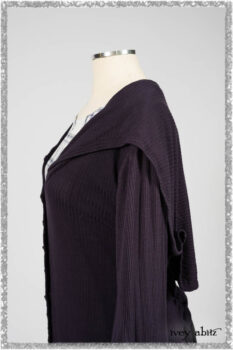 Henrietta Duster Coat in Plum Tree Softest Ribbed Knit; Fairholme Frock in Plum Tree Wispy Plaid Cotton. Ivey Abitz bespoke clothing.