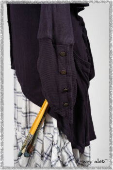 Henrietta Duster Coat in Plum Tree Softest Ribbed Knit; Fairholme Frock in Plum Tree Wispy Plaid Cotton. Ivey Abitz bespoke clothing.