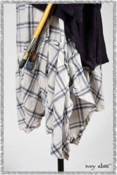 Henrietta Duster Coat in Plum Tree Softest Ribbed Knit; Fairholme Frock in Plum Tree Wispy Plaid Cotton. Ivey Abitz bespoke clothing.
