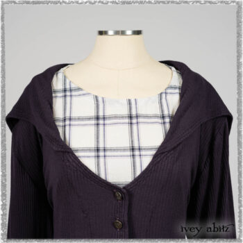 Henrietta Duster Coat in Plum Tree Softest Ribbed Knit; Fairholme Frock in Plum Tree Wispy Plaid Cotton. Ivey Abitz bespoke clothing.
