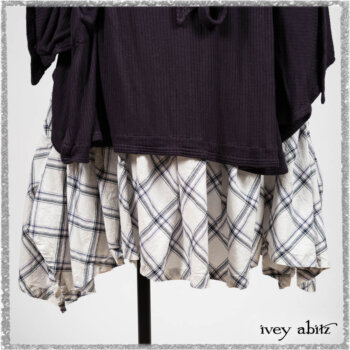 Henrietta Duster Coat in Plum Tree Softest Ribbed Knit; Fairholme Frock in Plum Tree Wispy Plaid Cotton. Ivey Abitz bespoke clothing.