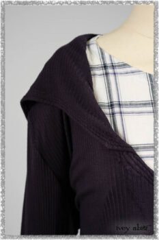Henrietta Duster Coat in Plum Tree Softest Ribbed Knit; Fairholme Frock in Plum Tree Wispy Plaid Cotton. Ivey Abitz bespoke clothing.