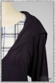 Henrietta Duster Coat in Plum Tree Softest Ribbed Knit; Fairholme Frock in Plum Tree Wispy Plaid Cotton. Ivey Abitz bespoke clothing.
