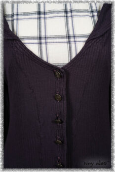 Henrietta Duster Coat in Plum Tree Softest Ribbed Knit; Fairholme Frock in Plum Tree Wispy Plaid Cotton. Ivey Abitz bespoke clothing.
