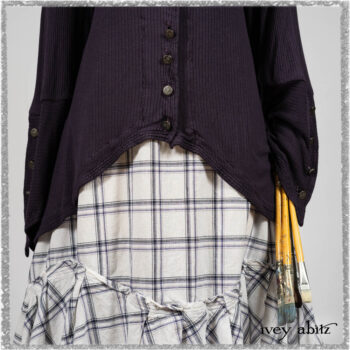 Henrietta Duster Coat in Plum Tree Softest Ribbed Knit; Fairholme Frock in Plum Tree Wispy Plaid Cotton. Ivey Abitz bespoke clothing.