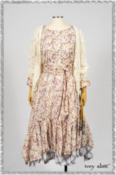 Elliot Jacket in Ethereal Cream Floral Knit; Fairholme Dress in Ethereal Floral Cotton Voile; Fairholme Sash in Ethereal Floral Cotton Voile; Fairholme Frock in Plum Tree Wispy Plaid Cotton. Ivey Abitz bespoke clothing.